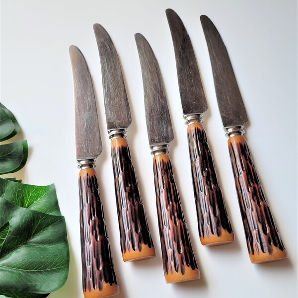 Vintage Fry & Wigfull Ltd. Bakelite Knives Lot of 5 Faux Stag Sheffield England Stainless Steel Rare