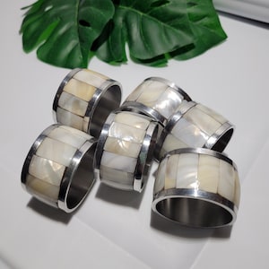 Vintage Mother of Pearl Napkin Rings Set of 6 Silver Tone MOP Table Scape