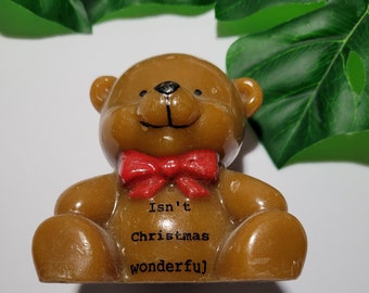 Vintage Christmas Teddy Bear Candle Unused Collectible Brown Red Bow