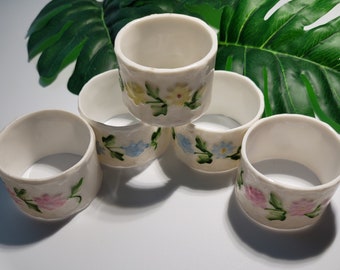 Vintage Shafford Floral Napkin Rings Set of 5 Taiwan Ceramic Hand Painted White Spring Table Scape