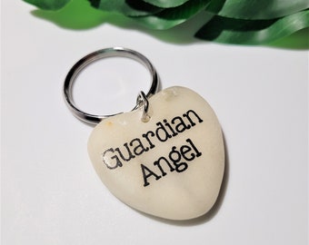 Vintage Guardian Angel Stone Heart Keychain White Protect Collectible