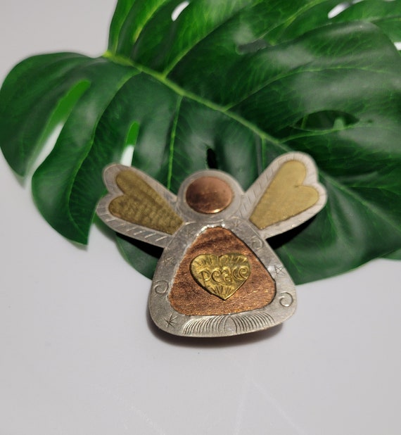 Vintage Brass Copper Silvertone Angel Peace Brooc… - image 2