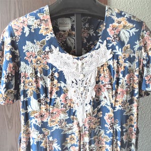 Vintage Womens Bentley 80s Floral Lace Bib Dress Sz 14 Navy Multi