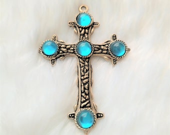 Vintage Large Celtic Cross Pendant Silver Tone Blue Faux Stones Religious