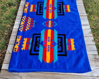 Vintage Ibena Blanket Made in Turkey Aztec Southwestern Design Multi Colors Blue 60 x 80 VGC
