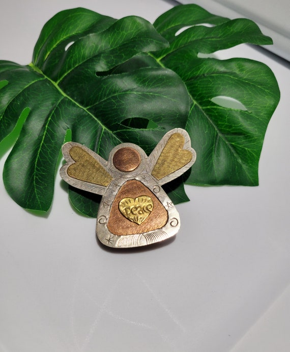 Vintage Brass Copper Silvertone Angel Peace Brooc… - image 4