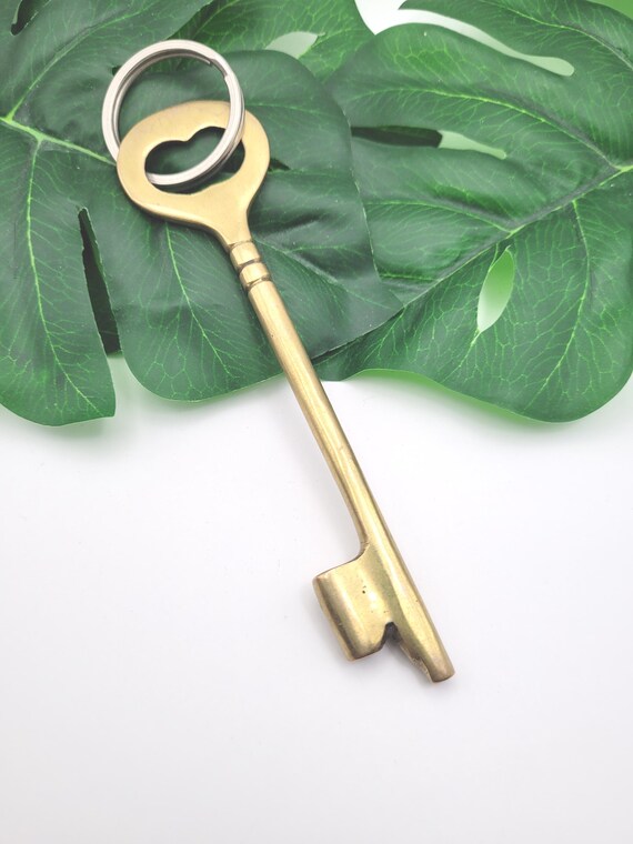 Vintage Solid Brass Skeleton Key Keychain Large - image 3