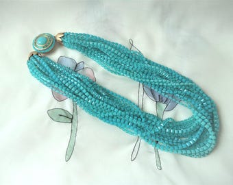 Vintage 22 Strand Necklace Art Deco Square Beads Teal Blue 50s Multi