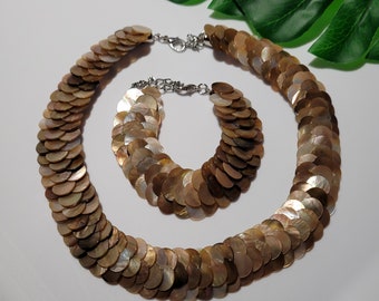 Vintage Faux? Abalone Necklace Bracelet Set Atinito Handcrafted in the Philippines Silver tone clasps