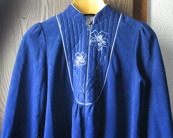 Vintage 70's Sears At Home Velour Robe Size Small 8/10 Navy Blue Long Zip Front