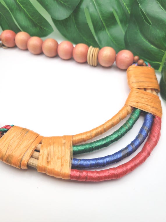 Vintage Wood and Fiber Wrapped Statement Necklace Colorful Handcrafted