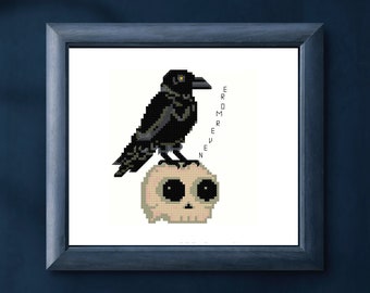 May include: A black raven perched on a white skull with black eyes. The raven has yellow eyes and is facing the right side of the image. The text "EVERMORE" is written vertically on the right side of the image.