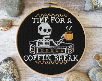 Skeleton Coffin Break Cross Stitch Kit: Spooky Halloween Sampler
