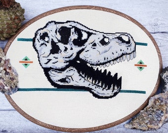 T-Rex Skull Cross Stitch Pattern: Modern Dinosaur Sampler (PDF Download)