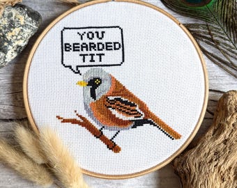 Bearded Tit Cross Stitch Kit: Funny Bird Beginner DIY Hoop Art