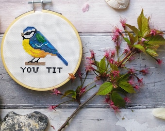 Blue Tit Cross Stitch KIT 4" - You Tit Modern Cross Stitch Hoop Wall Art - Wall Decor Wall Art - Beginners Cross Stitch