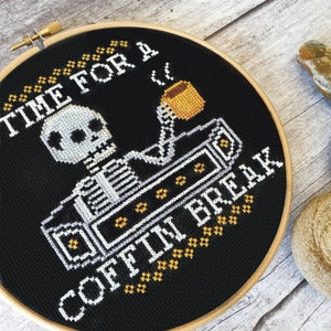 Coffee Skeleton Cross Stitch Pattern: Coffin Break Horror Sampler (PDF Pattern)