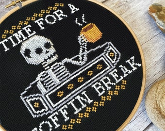 Coffin Break Cross Stitch Pattern PDF - Coffee Horror Modern Cross Stitch Sampler - Instant Download Digital Pattern