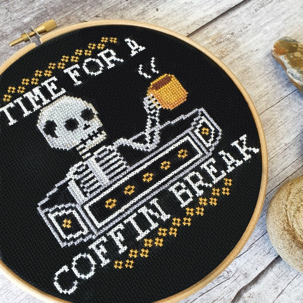 Coffin Break Cross Stitch Pattern PDF - Coffee Horror Modern Cross Stitch Sampler - Instant Download Digital Pattern