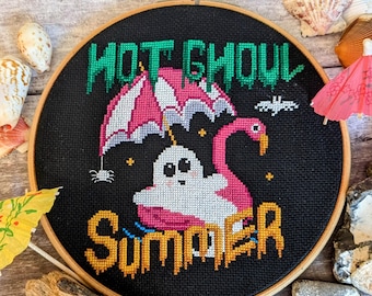 Hot Ghoul Summer KIT 7"  - Spooky Halloween Modern Cross Stitch Sampler - DIY craft kit