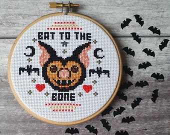 Bat to the Bone Modern Cross Stitch Kit 4" Hoop - DIY Craft Kit Wall Art - Spooky Wall Decor - Spooky Cross Stitch Craft Gift