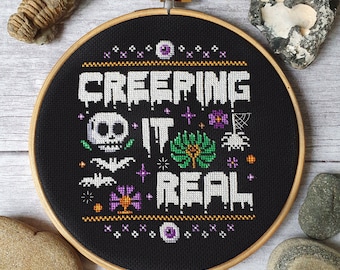 Creeping it Real Cross Stitch Pattern PDF - Halloween Horror Modern Cross Stitch Sampler - Instant Download Digital Pattern