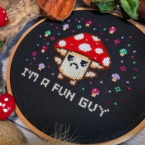 Grumpy Mushroom Cross Stitch Kit, Fun Guy Wall Art Hoop, Beginner Friendly (5" Hoop)