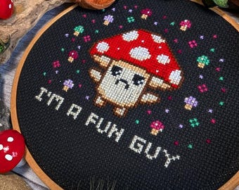 Grumpy Mushroom Cross Stitch Kit, Fun Guy Wall Art Hoop, Beginner Friendly (5" Hoop)