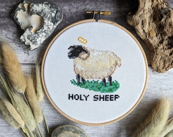 Holy Sheep Cross Stitch Kit: Funny Animal Beginner DIY Hoop (5")