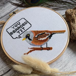Könnte beinhalten: Ein weißer Stickrahmen mit einem Kreuzstich-Design eines braunen und orangefarbenen Vogels mit einer Sprechblase, auf der "You bearded tit" steht.