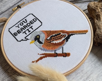 Bearded Tit Cross Stitch Pattern: Bird Sampler (PDF Download)