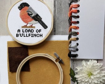 A Load of Bullfinch Cross Stitch KIT 4" - Modern Bird Themed Wall Art Hoop - Wall Decor