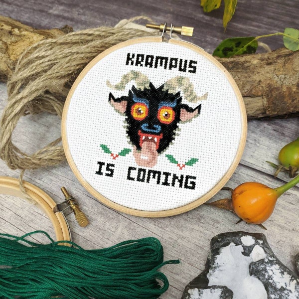 Krampus Kreuzstichpackung: 10 cm großer Weihnachts-Stickrahmen DIY Wandkunst