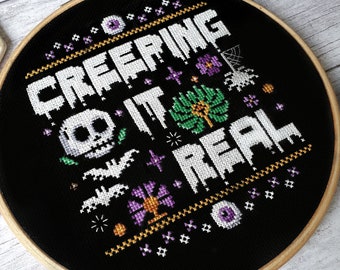 Creeping it Real Cross Stitch KIT 7"  - Spooky Halloween Modern Cross Stitch Sampler - DIY craft kit