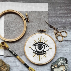 Golden Eye Cross Stitch Kit: Modern Metallic Hoop Art (4")