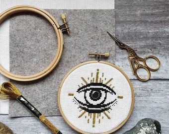 Golden Metallic Eye Cross Stitch KIT 4" - Modern Cross Stitch Hoop Wall Art - Wall Decor Wall Art