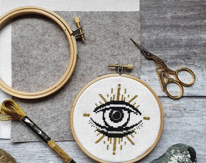 Golden Eye Cross Stitch Kit: Modern Metallic Hoop Art (4")