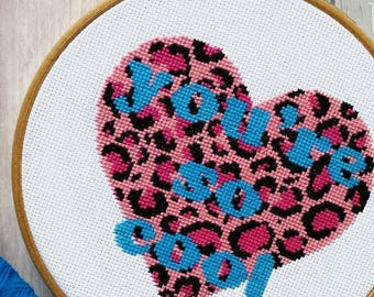 Leopard Print Heart Cross Stitch Kit, Modern DIY Embroidery