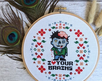 Zombie Love Cross Stitch Kit: Funny Horror Modern Hoop Art