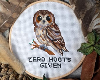 Owl Cross Stitch Kit, Zero Hoots Given, Beginner Embroidery, 5" Hoop