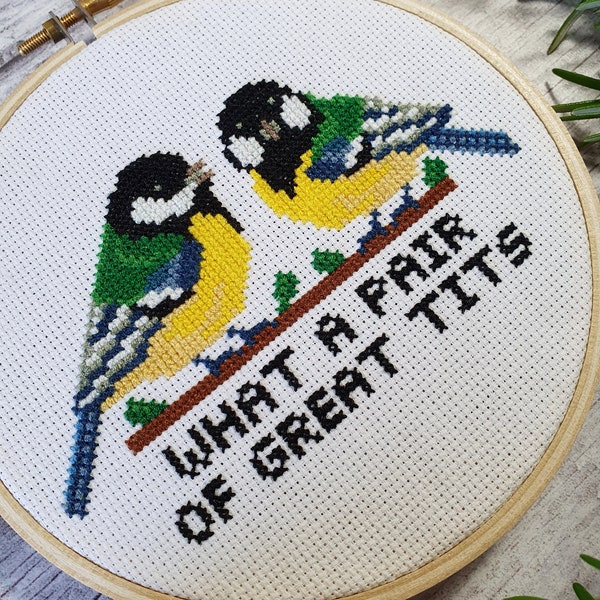 Great Tits Cross Stitch Pattern PDF - What a Pair Modern Cross Stitch Bird Sampler - Instant Download