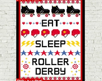 Roller Derby Cross Stitch Pattern Modern Sampler - PDF / Modèle de téléchargement instantané