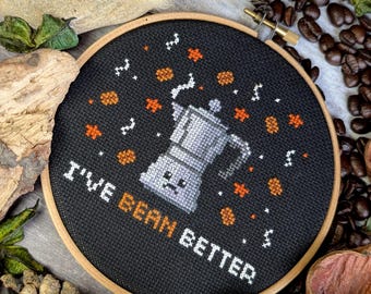 I've Bean Better Coffee Cross Stitch Kit – Funny Kawaii Goth Beginner Craft, 5" Hoop