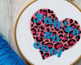 So Cool Heart Cross Stitch Pattern PDF ,Leopard Print Modern Cross Stitch Sampler - Instant Download