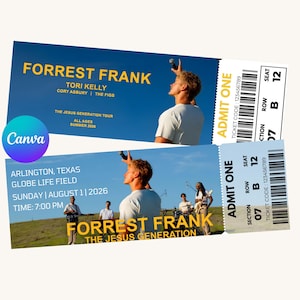 Puede incluir: Dos entradas para el concierto de Forrest Frank, con Tori Kelly y Cory Asbury. Las entradas son para un espectáculo en el Globe Life Field en Arlington, Texas, el 1 de agosto de 2026. Las entradas tienen el texto "ADMIT ONE".