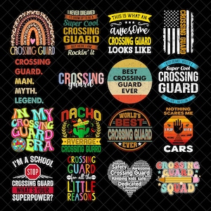 Puede incluir: Una colección de diseños gráficos coloridos con texto sobre guardias de cruce. Los diseños incluyen frases como "Super Cool Crossing Guard", "Best Crossing Guard Ever" y "Crossing Guard Squad". Los diseños utilizan varias fuentes y estilos, algunos incorporando arcoíris, estrellas y otros elementos decorativos.