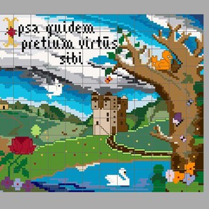 May include: A pixelated image of a landscape with a castle, a tree, and a swan. The text "psa quidein pretium virtus sibi" is in the upper left corner of the image.
