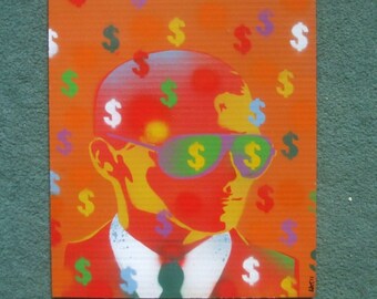 Man with Sunglasses painting stencil art spray paint art canvas dollar bills fashion pop art urban suits model wall art graffiti street art