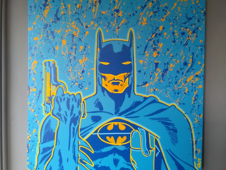 Batman painting stencils spray paint art canvas blue yellow DC Etsy