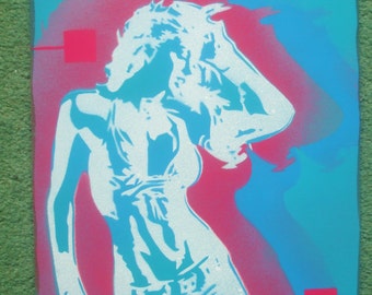 Woman dancing painting stencil art spray paint pop art graffiti art urban art wall art design europe mens womens home living pink turquoise